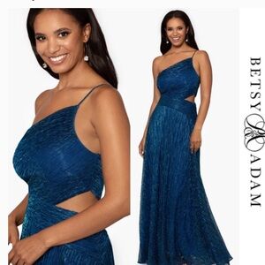 Betsy & Adam Shimmering metallic Blue One-Shoulder evening long formal dress